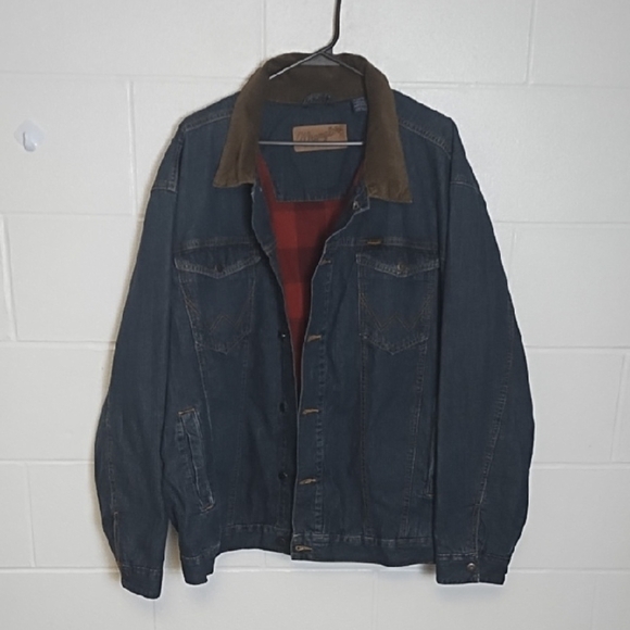 Wrangler Flannel Lined Denim Jean Jacket Barn Coat Corduroy Collar 4 Pockets - Picture 1 of 12